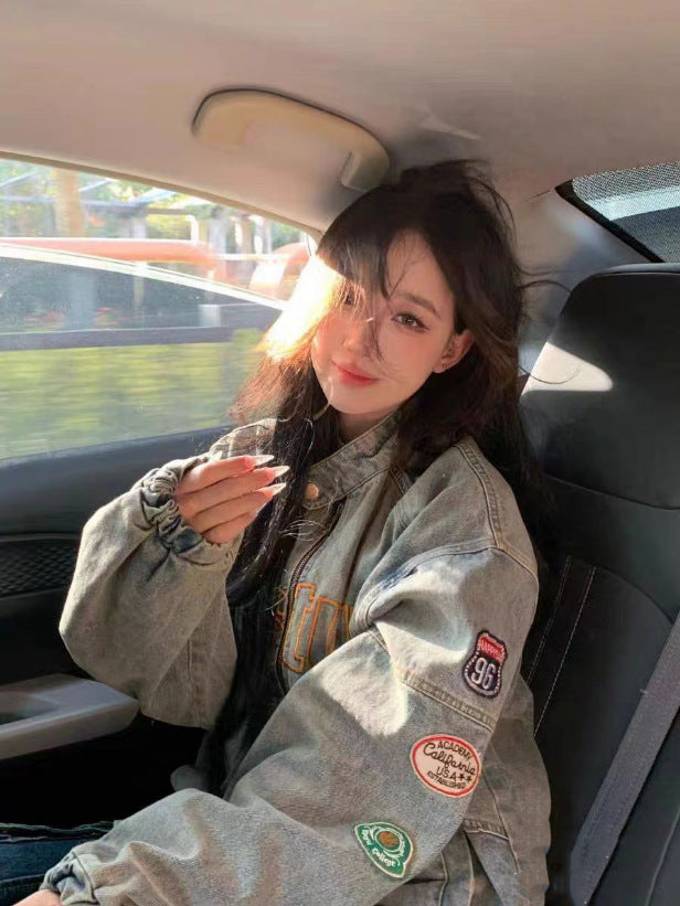 Amerikaanse Vintage Medaille Wasbare Stale Geborduurde Denim Jas Dames Lente en Herfst Stand Kraag Losse Rits Jas Nationale Trend