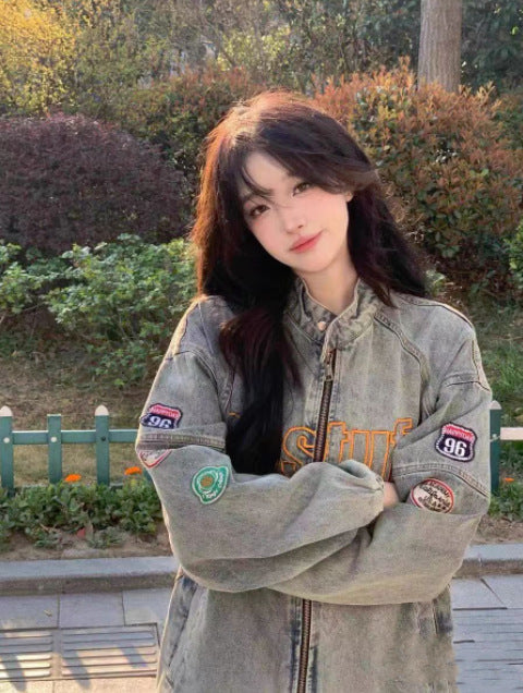 Amerikaanse Vintage Medaille Wasbare Stale Geborduurde Denim Jas Dames Lente en Herfst Stand Kraag Losse Rits Jas Nationale Trend