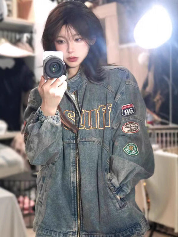 Amerikaanse Vintage Medaille Wasbare Stale Geborduurde Denim Jas Dames Lente en Herfst Stand Kraag Losse Rits Jas Nationale Trend