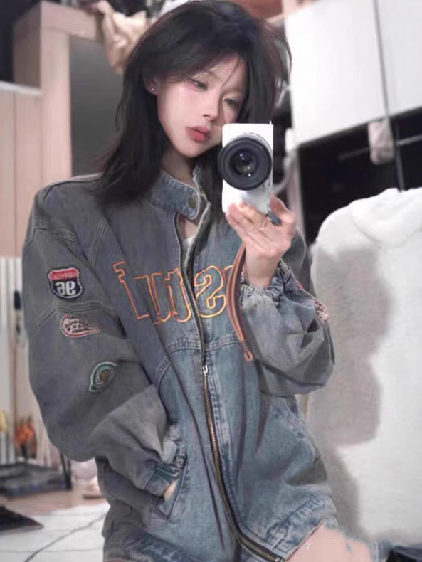 Amerikaanse Vintage Medaille Wasbare Stale Geborduurde Denim Jas Dames Lente en Herfst Stand Kraag Losse Rits Jas Nationale Trend