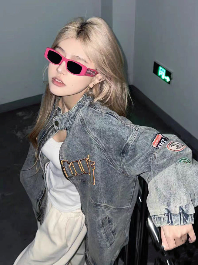 Amerikaanse Vintage Medaille Wasbare Stale Geborduurde Denim Jas Dames Lente en Herfst Stand Kraag Losse Rits Jas Nationale Trend